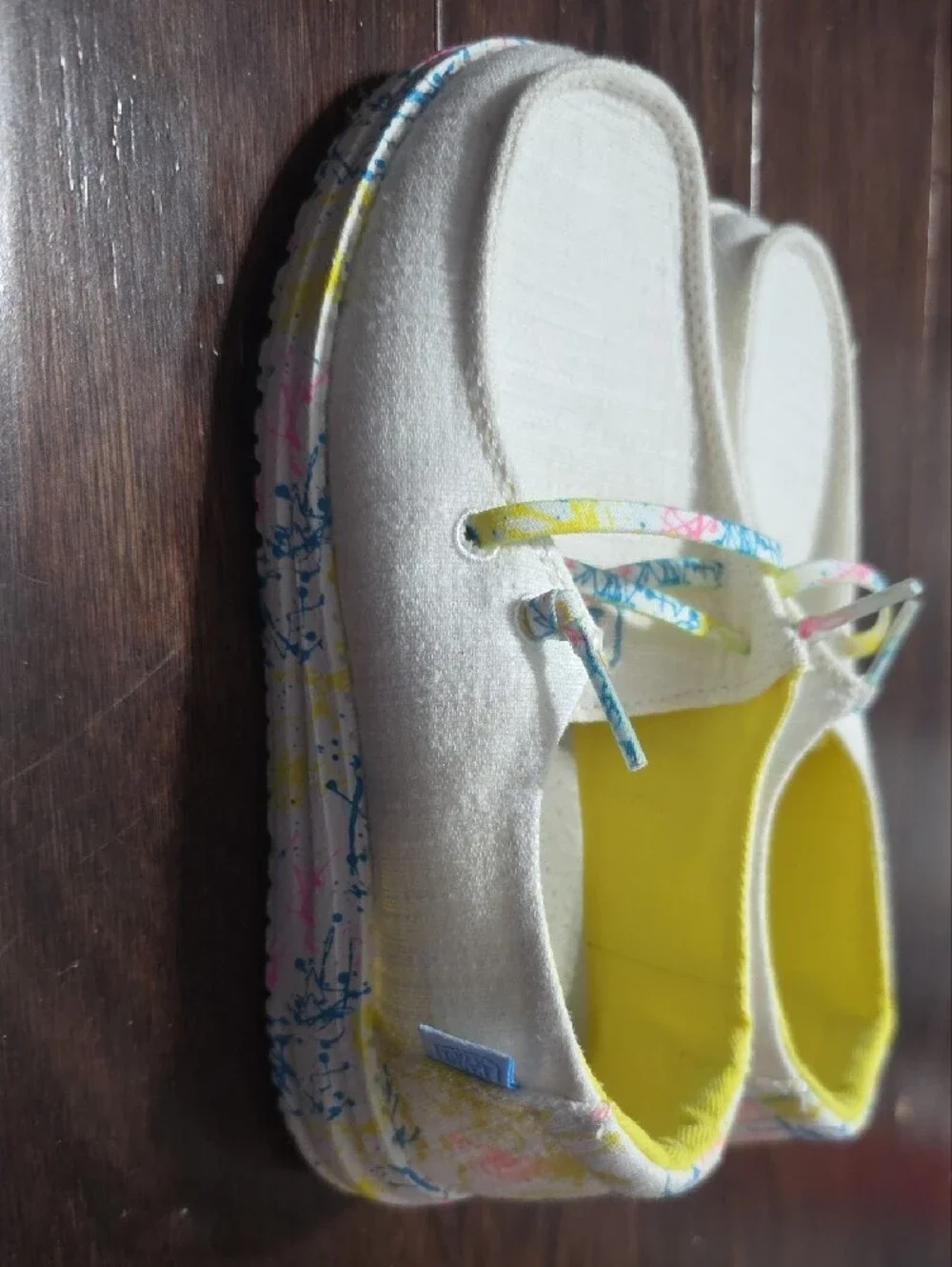 Hey Dude Kids White Canvas Slip-Ons with Yellow Lining and Multicolor Trim
